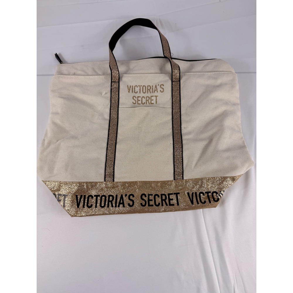 Victoria's Secret Tote Bag Large Cream Gold Glitter Logo Canvas Zipper Travel
